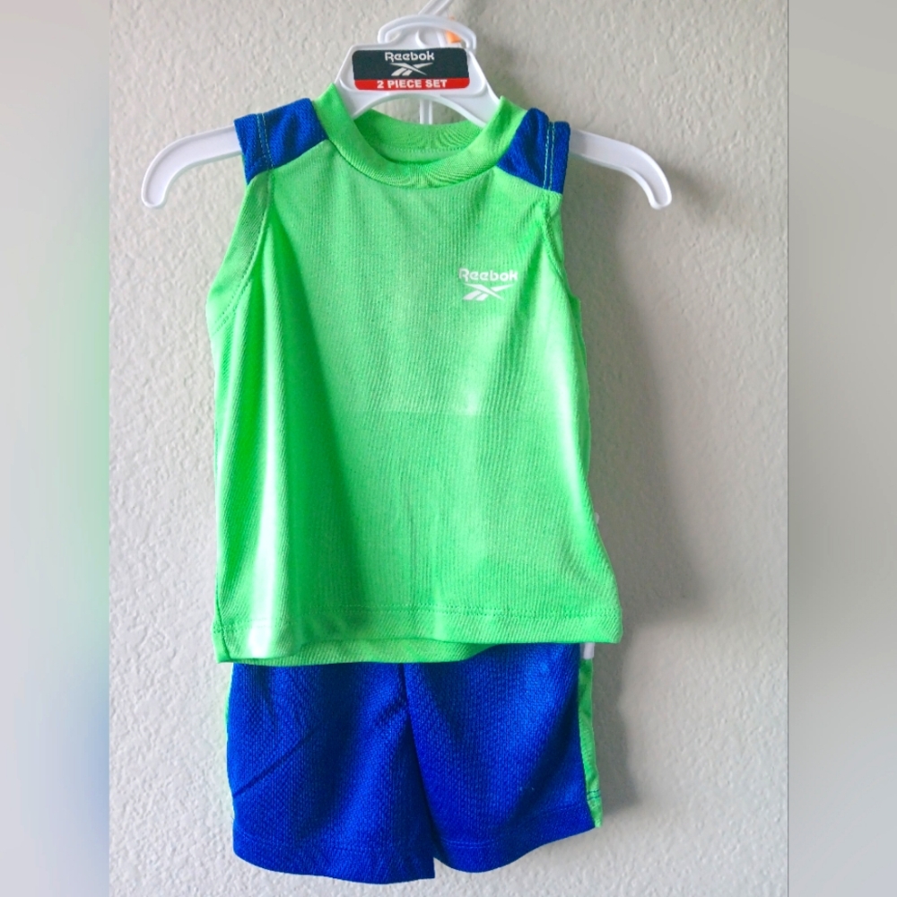 2pc Reebok green sleeveless top w/ blue jersey shorts for boys/ Size: 12 months